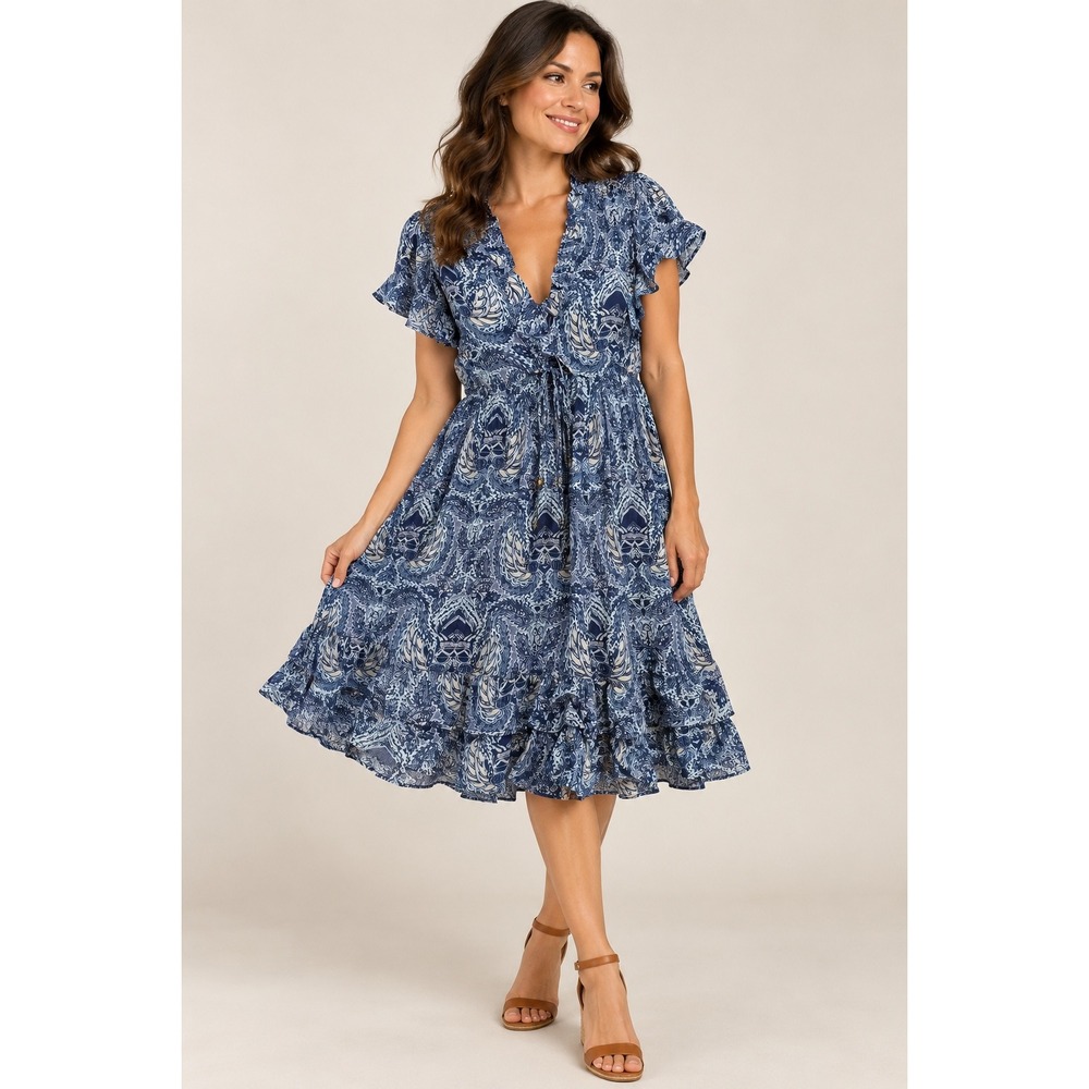 Sundance Dress Womens PM Blue Paisley Ruffle Drawstring V-Neck Mini Pocket Boho